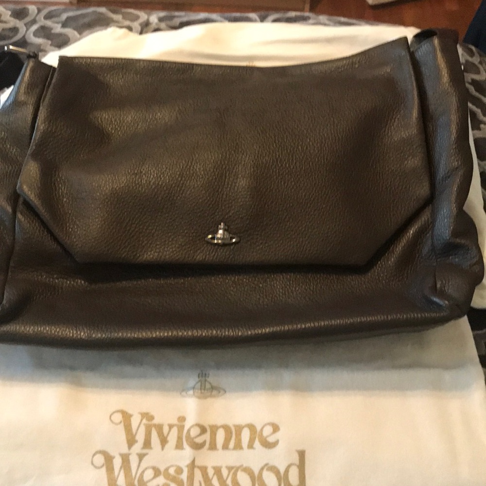 Vivienne Westwood Black Leather Laptop Bag with Silver Tone Orb